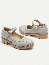 abordables Sandalias planas de mujer-Zapatos planos Mary Jane vintage para mujer: cuero gris con diseño floral recortado y correa con hebilla, perfectos para uso informal y formal.