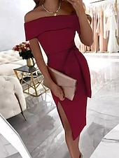 abordables robe noire midi-Femmes Robe Midi Robe noire Robe de remise des diplômes Robe unie Occasionnel Rue Date Coupe régulière Uni Manche Courte Épaules Dénudées Noir Rose Claire Rouge Été Printemps