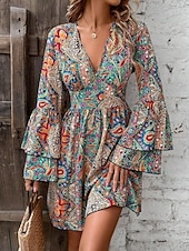 levne Boho šaty-Dámské Mini šaty Volnočasové šaty Boho šaty Elegantní Rozšířený rukáv Dovolená Denní Rande Volný Grafika Dlouhý rukáv Do V Colourful Jaro Podzim