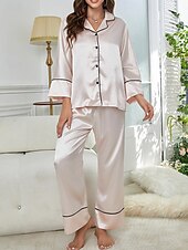 voordelige Nachtkleding voor dames-dames pyjama sets pure kleur mode comfort thuis dagelijks bed imitatie zijde zijde ademend revers lange mouw shirt broek knoop zak herfst thuis outfits