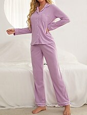 preiswerte Damen Schlafanzüge-Damen-Pyjama-Sets in reiner Farbe, modisch, Basic-Komfort für zu Hause, tägliches Bett, atmungsaktives Revers, langärmeliges Hemd, Hose, Knopftasche, Herbst-Winter-Home-Outfits