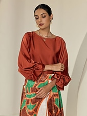 preiswerte Hemden, Tops und Blusen-Satinbraune Juliet-Bluse mit Puffärmeln und Rundhalsausschnitt