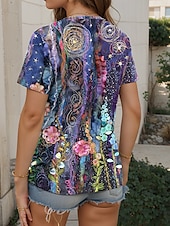 voordelige Bloementhee-Dames Tuniek T-shirt Mode Casual Print Korte Mouw Regular Tops V-hals Dagelijks Paars Lente Herfst