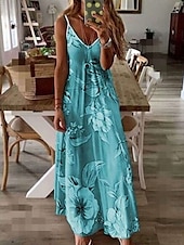 billiga Blommiga klänningar-Kvinnors Maxi Klänning Sommarklänning A-linje Klänning Blomklänning Mode Modern Avslappnad Semester Avslappnat Daglig Regulär Passform Blomma Ärmfritt V-ringad Rosa Blå Lila Fuchsia Sommar Vår