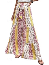 baratos perna larga e cintura alta-Mulheres Calças Moda Roupa de rua Comprimento total Cintura Alta Côr Sólida Bloco de cor Bolsos Com Laço Conforto Respirabilidade Macio Micro-Elástica Férias Rua Diário Adamascado Preto Vermelho Azul