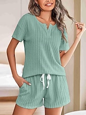 abordables Conjunto de pijama-Conjunto de pijama para mujer, color puro, informal, cómodo, para el hogar, uso diario, licra, cómodo, con escote en V, manga corta, pantalón, cintura elástica, conjuntos de verano para el hogar