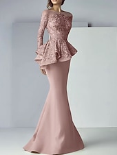 voordelige Vloerlengte-Zeemeermin moeder van de bruid jurk formele bruiloft gast elegante scoop hals vloer lengte kant stretch stof lange mouw met ruffles applicaties 2025 gratis maat op maat