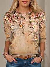 ieftine tricou floral-Tunică pentru femei T-Shirt Modă Casual Print Manșon Lung Bluze Regulate Guler Rotund Zilnic Galben Roz Albastru Primăvară Toamnă