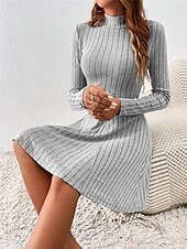 preiswerte Strickkleider-Damen Strickkleid Minikleid Gerippt Verabredung Strassenmode Basic Ständer Langarm Grau Farbe
