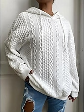 baratos Moletons e Sweatshirts Texturizados-moletom feminino com capuz, moda simples, trabalho, uso diário, casual, com capuz, patchwork, ajuste solto, manga comprida, preto, branco, cáqui, cinza, outono, inverno