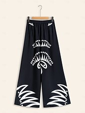 economico pantaloni da donna-pantaloni neri con stampa a gamba larga in raso