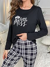 billiga Sovkläder till damer-kvinnors pyjamasset rutnät / rutig bokstav mode komfort hem daglig säng andas rund hals långärmad t-shirt t-shirt byxa resår midja höst vinter hem outfits