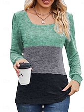 abordables T-shirt rayé et géométrique-t-shirt femme mode moderne décontracté imprimé manches longues régulier hauts col carré quotidien week-end vert gris automne hiver