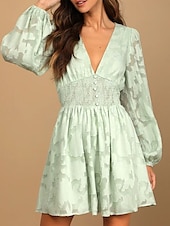 abordables Robes en dentelle blanche-Robe unie Femme Mini robe Maille Patchwork Plein Air Rendez-vous Elégant Décontractées Col V manche longue Ample Blanche Jaune Vert Claire S M L XL