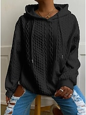 baratos Moletons e Sweatshirts Texturizados-moletom feminino com capuz, moda simples, trabalho, uso diário, casual, com capuz, patchwork, ajuste solto, manga comprida, preto, branco, cáqui, cinza, outono, inverno