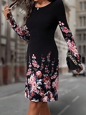 preiswerte Blumenkleid-Damen Maxidress Sweatshirt-Kleid Winter Kleid Corsagenkleider Etuikleid Elegant Stilvoll Urlaub Party Strasse Regular Fit Blumen Langarm Rundhalsausschnitt Rosa Blau Orange Sommer Herbst Winter