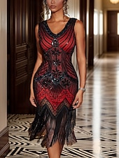 baratos Vestidos de lantejoulas-Mulheres Vestido midi Vestido de lantejoulas Vestido antigo Vestido elegante Elegante Retro Boho Diário Festa de Noite Feriado Normal Geométrica Sem Manga Decote V Vermelho Verão Primavera