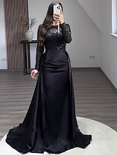 cheap CHAMPAGNE-Mermaid Sequin Evening Gown Ruched Champagne Satin Dress Long Sleeves Masquerade Floor Length Illusion Neck with Pearls Overskirt dress 2025