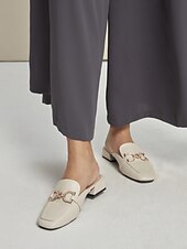 preiswerte Clogs &amp; Pantoletten für Damen-weiße Damen-Pantoletten aus Leder mit Strass-Schnalle – elegante Slipper zum Hineinschlüpfen für lässige und formelle Outfits