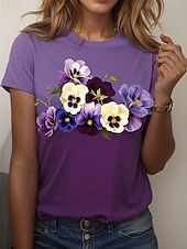 abordables T-shirt floral-t-shirt femme décontracté imprimé manches courtes hauts réguliers quotidien violet été