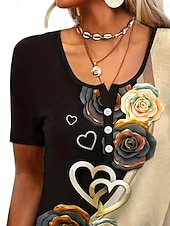 お買い得  フローラルTシャツ-レディース T シャツ カジュアル オンブレ 花柄 ボタン 半袖 レギュラー トップス U ネック デイリー ローズゴールド カーキ 夏