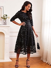 abordables robe longue noire-robe noire Robe unie Femme Robe mi-longue Maille Plein Air Rendez-vous Décontractées Col Ras du Cou Manches 3/4 Ample Noir S M L XL 2XL