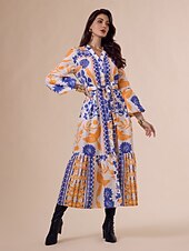 Vestido largo bohemio con escote en V, mangas farol y cinturón botánico abordables vestido casual estampado-Vestido largo bohemio con escote en V, mangas farol y cinturón botánico