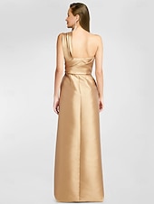 cheap CHAMPAGNE-A-Line Evening Gown Elegant Dress Formal Floor Length Sleeveless One Shoulder Pocket Satin with Ruffles