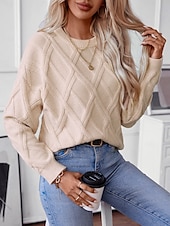 abordables Couleurs unies-Femme Pull Chandail Décontractées Couleur unie Géométrique Col Ras du Cou Tricoté manche longue Hauts longs Tricoter Travail Noir Beige Automne Hiver