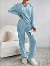 cheap Pajama-setter-Women&#039;s Loungewear Pajama Set Simple Home V Neck Long Sleeve Pullover Pant Spring Fall Black Blue Home Outfits