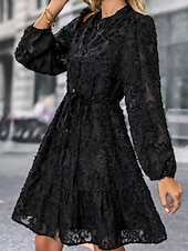 economico vestito nero midi-Per donna Abito semplice Vestito longuette Pizzo Pulsante Vintage Informale Colletto Manica lunga Nero Bianco Verde Colore