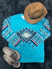 billige Stripe- og geometriske hettegensere-damegenser tribal street dailywear print vintage etnisk casual rund hals langermet mikroelastisk høst vinter komfort pustende mykt stoff