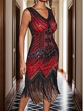 baratos Vestidos de lantejoulas-Mulheres Vestido midi Vestido de lantejoulas Vestido antigo Vestido elegante Elegante Retro Boho Diário Festa de Noite Feriado Normal Geométrica Sem Manga Decote V Vermelho Verão Primavera