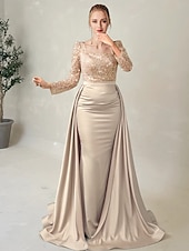 preiswerte Sekt-Meerjungfrau Abendkleid Elegantes Kleid Formelles Bodenk Länge Langarm Illusion-Ausschnitt Champagner Mutter der Braut Kleid Pailletten mit Perlen Überrock 2025