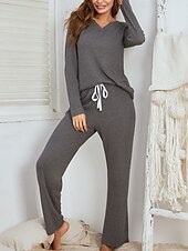abordables Conjuntos de dos piezas-Conjunto de pijama para mujer, ropa de estar por casa, de punto gofre, informal, cómodo, para el hogar, para la cama, transpirable, con escote en V, manga corta, pantalón, primavera, otoño, negro,
