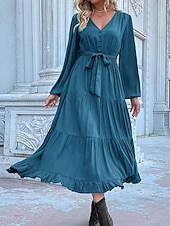 abordables Robes de travail-Robe unie Femme Robe Maxi Lacet Ruché Plein Air Rendez-vous Décontractées Col V manche longue Ample Bleu Orange Vert S M L XL