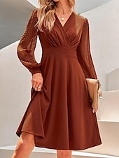 cheap Midi Black Dress-Women&#039;s Black Dress Mini Dress Ruched Mesh Wedding Guest Cocktail Party Elegant V Neck Long Sleeve Bishop Sleeve Black Brown Green Color