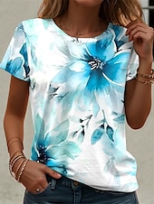 abordables T-shirt floral-t-shirt femme décontracté imprimé manches courtes hauts réguliers quotidien bleu été