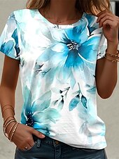 abordables T-shirt floral-t-shirt femme décontracté imprimé manches courtes hauts réguliers quotidien bleu été