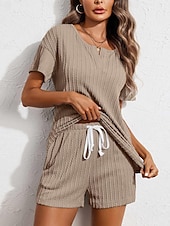 abordables Conjunto de pijama-Conjunto de pijama para mujer, color puro, informal, cómodo, para el hogar, uso diario, licra, cómodo, con escote en V, manga corta, pantalón, cintura elástica, conjuntos de verano para el hogar