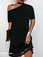 abordables Robe noire-robe noire Robe unie Femme Robe mi-longue Maille Patchwork Plein Air Rendez-vous Rétro Vintage Décontractées Une Epaule Manche Courte Ample Noir S M L XL