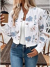 preiswerte Blazer &amp; Anzüge-Damen Jacke Party Zip Blumen Windundurchlässig Modisch Regular Fit Oberbekleidung Langarm Herbst Weiß S
