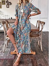 levne Boho šaty-Dámské Maxi šaty Volnočasové šaty Boho šaty stylové Na běžné nošení Denní Volný Grafika Dlouhý rukáv Do V Vodní modrá Jaro Podzim