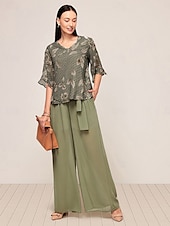 billige Blusedresser for kvinner-Dame Elegant Bluse Bukser med brede ben Halvlange ermer V-hals Blomstret Sløyfe Arbeidstøy Dagligdagstøy Grønn Sommer Løstsittende