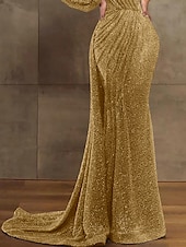 preiswerte GELB-Mermaid Pailletten Abendkleid Elegantes Kleid Formal Hof Zug Langarm Illusionskragen mit Falten Maskeradenkleid