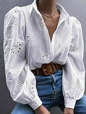 economico Top in Pizzo-Top Elegante in Pizzo Bianco da Donna con Occhielli Blusa Casual Monocromatica in Pizzo Maniche Lanternina Maniche Lunghe Top Classici Collo Camicia Quotidiano Romantica Petite Estate Vacanze Bianco