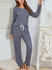 abordables Conjuntos de dos piezas-Conjunto de pijama para mujer, ropa de estar por casa, de punto gofre, informal, cómodo, para el hogar, para la cama, transpirable, con escote en V, manga corta, pantalón, primavera, otoño, negro,