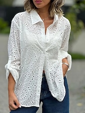 voordelige Kant Tops-dames blouse stijlvol effen kleur uitgehold lange mouw normale tops overhemdkraag dagelijks wit rood paars groen lente herfst