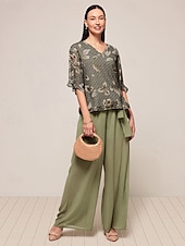 billige Blusedresser for kvinner-Dame Elegant Bluse Bukser med brede ben Halvlange ermer V-hals Blomstret Sløyfe Arbeidstøy Dagligdagstøy Grønn Sommer Løstsittende