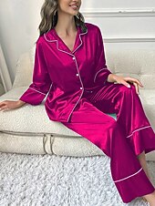 voordelige Nachtkleding voor dames-dames pyjama sets pure kleur mode comfort thuis dagelijks bed imitatie zijde zijde ademend revers lange mouw shirt broek knoop zak herfst thuis outfits